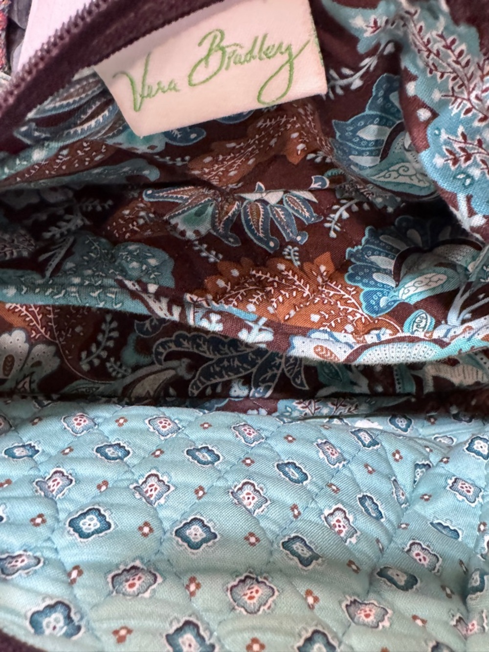 Vera Bradley Java Blue Quilted Shoulder Bag Brown Aqua Floral Paisley Purse - Picture 2 of 4